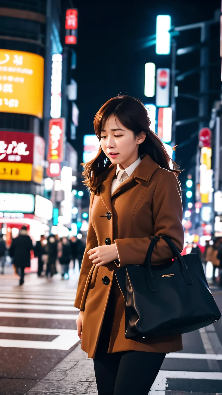 [High angle]: [A woman around 25 years old running while crying]. [She is dressed like an office lady on her way home from work, carrying a bag]. [She is wearing a brown coat]. [Tokyo night neon lights]. [High resolution] [Live-action]