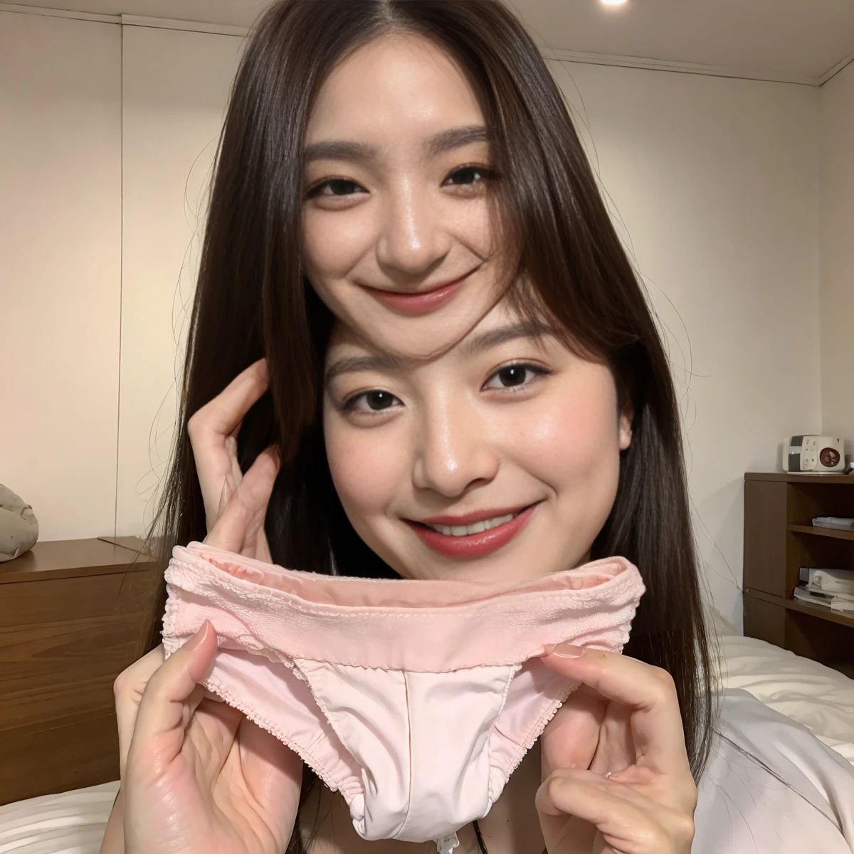 ((1 female))),masterpiece, Highest quality, Very detailed、 show panties to camera, Pink Panties、smile,pretty girl,20-year-old、In the bedroom、25 year old beauty、Japanese Idols、
