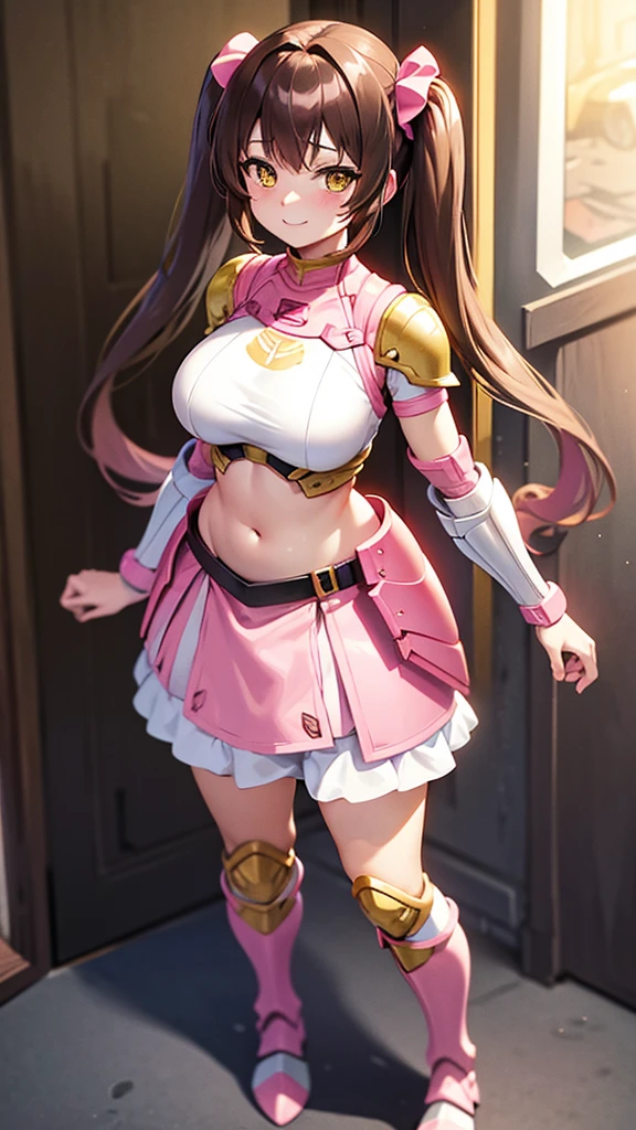 , brown hair, Twintail, yellow eyes, pink armor, Show your belly, smile, full body, pink boots, pink arm armor, white skirt armor, Big breasts