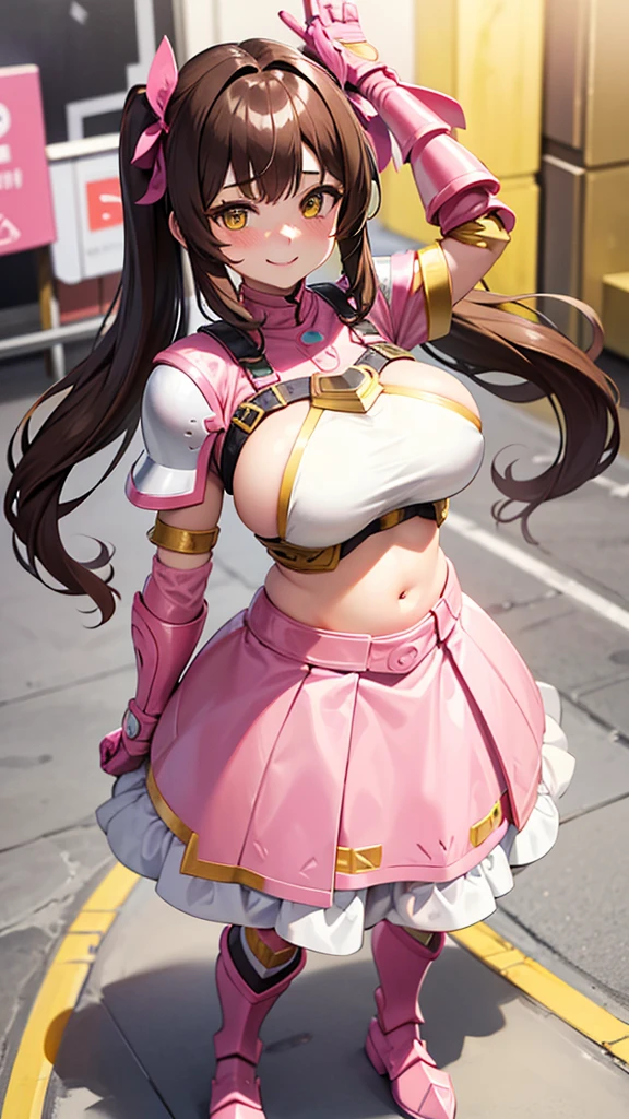 , brown hair, Twintail, yellow eyes, pink armor, Show your belly, smile, full body, pink boots, pink arm armor, white skirt armor, Big breasts