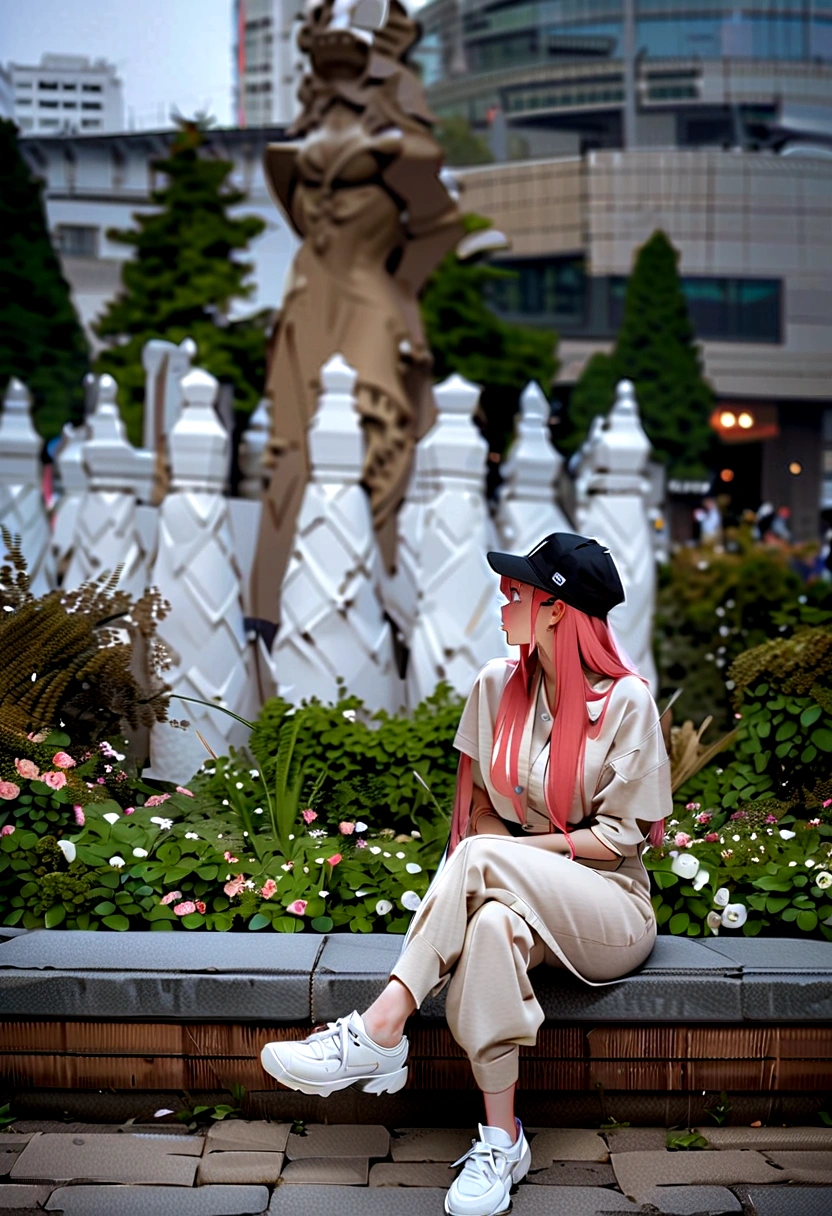 Landscape、Pink Hair, High resolution, 1 Girl, Korean, Eyes with heterochromia, best quality, (masterpiece), best quality, 1girl, (独奏:1.1), Lens 135mm f1.8, highly detailed, intricate, (sketch:0.8), (white background:1.1),