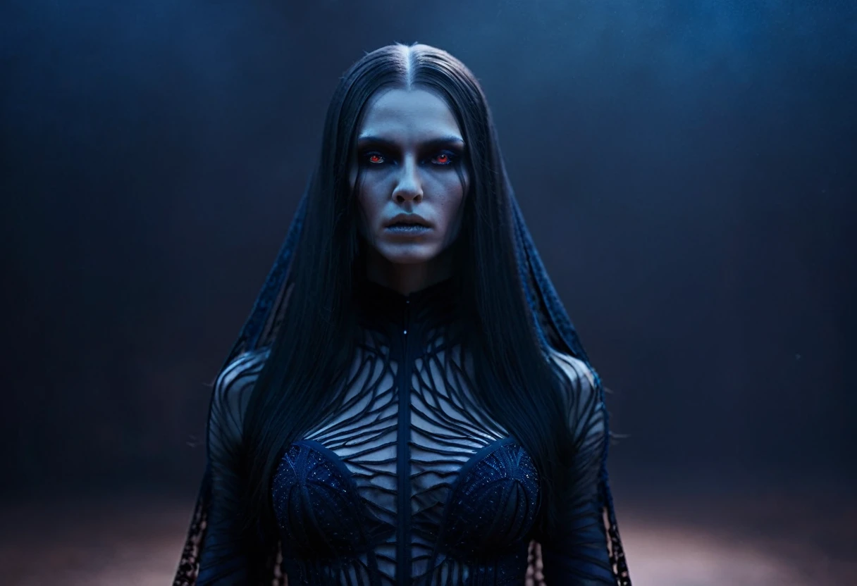 Fashionable of androgynous alien looking witch wearing veil, glowing eyes, beautiful evil slavic muscular woman, pale skin, long hair, futuristic design, minimal details, givenchy, photoreal, 200mm, hd, f/ 2.0, highly detailed, surreal , drop dead, in the style of red and blue, (intricate details, hyperdetailed:1.15) (skin texture:1.2), cinematic, professional, 4k, (((dynamic model pose))), sitting, full body, mesmerizing, dynamic, dramatic, sensual, dynamic pose, highly detailed skin with hair, subcutaneous veins, light and shadow play, highly detailed,24mm photograph, film, bokeh, professional, 4k,