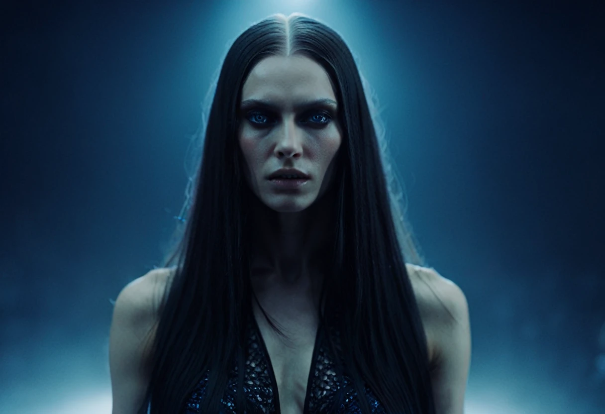 Fashionable of androgynous alien looking witch wearing veil, glowing eyes, beautiful evil slavic muscular woman, pale skin, long hair, futuristic design, minimal details, givenchy, photoreal, 200mm, hd, f/ 2.0, highly detailed, surreal , drop dead, in the style of red and blue, (intricate details, hyperdetailed:1.15) (skin texture:1.2), cinematic, professional, 4k, (((dynamic model pose))), sitting, full body, mesmerizing, dynamic, dramatic, sensual, dynamic pose, highly detailed skin with hair, subcutaneous veins, light and shadow play, highly detailed,24mm photograph, film, bokeh, professional, 4k,