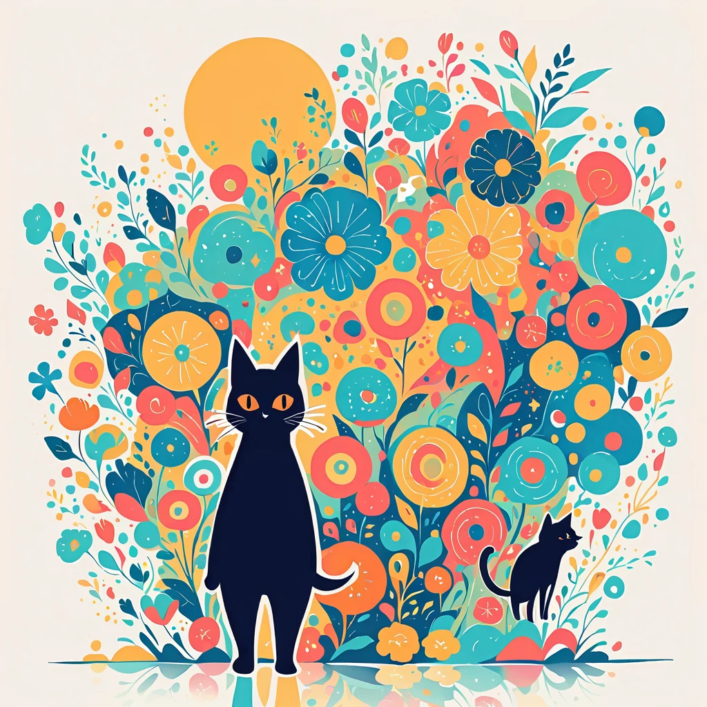 Watase Seizo style, Standing in front of a high wall，Simple line initials，Abstract art, (((The most beautiful boy))), (((Little))), Colorful flowers,Black cat
