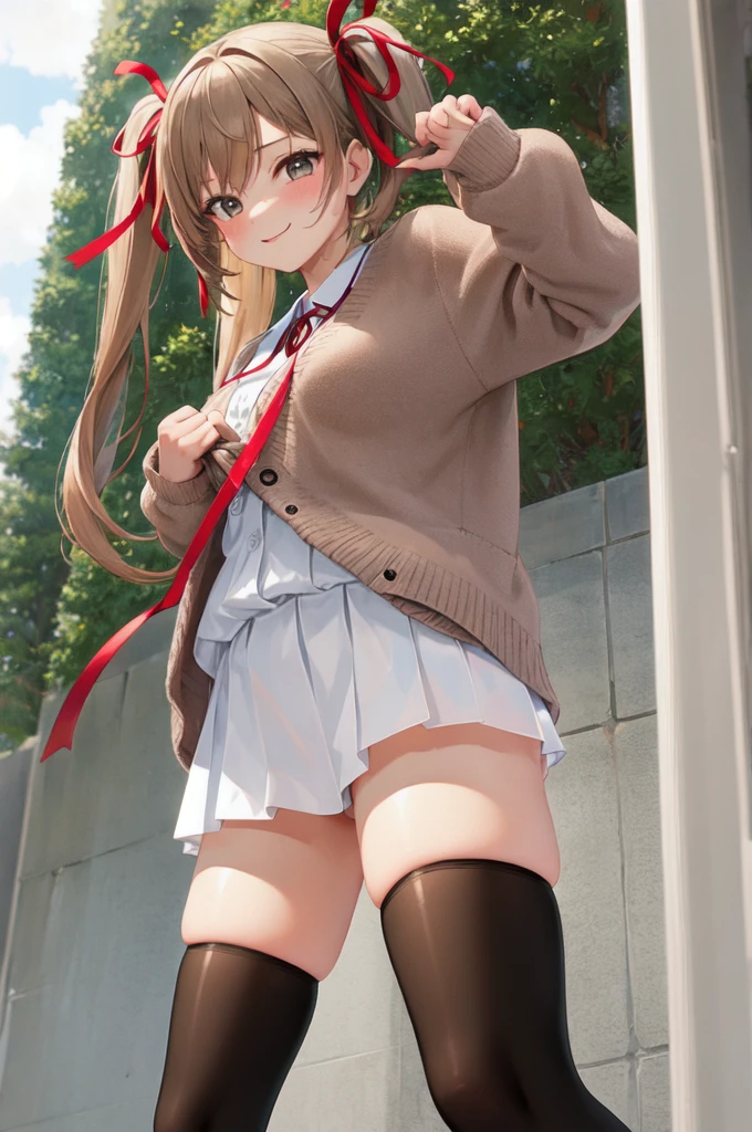 (masterpiece, best quality, extremely detailed, ultra-detailed),
BREAK
(1girl, solo, cute face, kawaii, face, a cute , happy, standing, 16-year-old),
BREAK
(long twintails, light brown hair, straight hair, brown eyes, medium breasts),
BREAK
(black thighhighs:1.3),
BREAK
(ribbon:1.5),
BREAK
(winter , Cardigan),
BREAK
(bow panties, white panties:1.3)