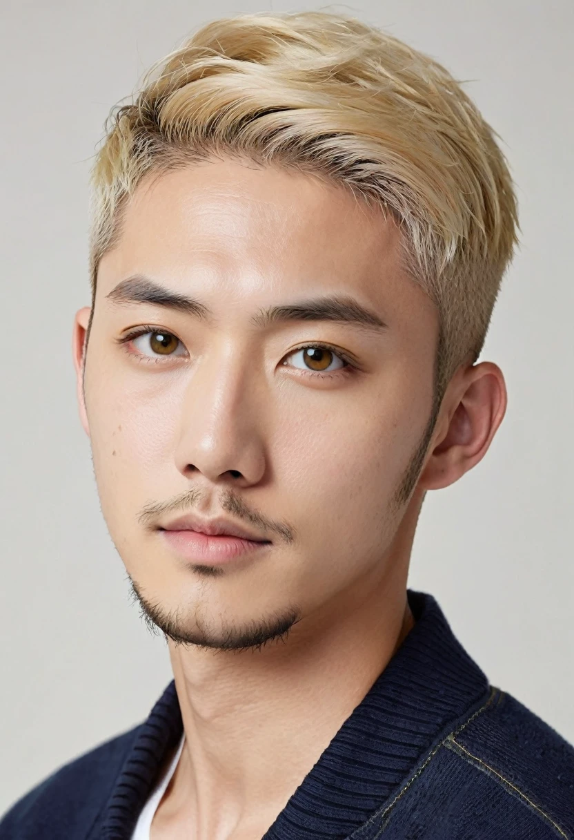 Handsome american mix japanese, 
blonde hair, short hair, hazel eyes, 30 years old, short beard, buzz cut