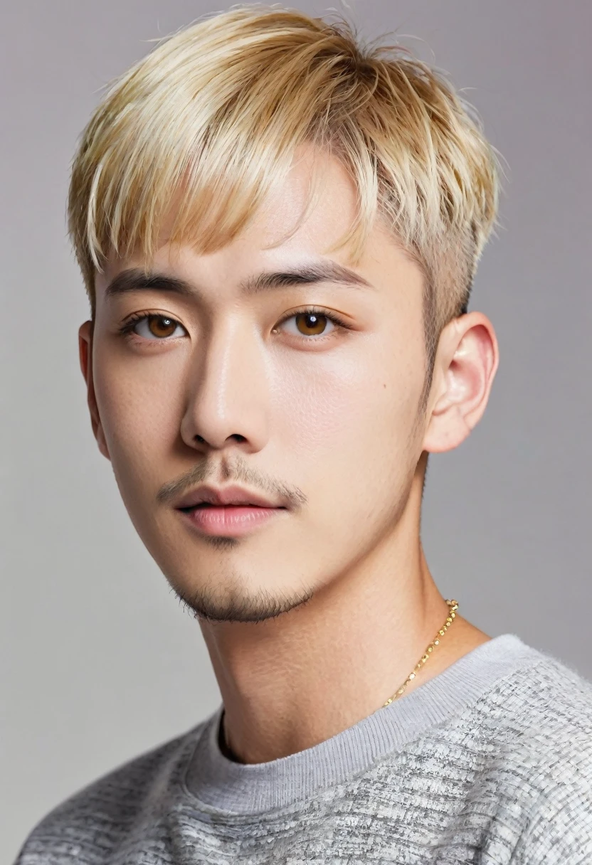 Handsome american mix japanese,
blonde hair, short hair, hazel eyes, 30 years old, short beard, buzz cut