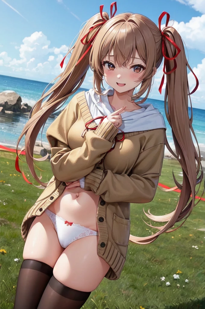(masterpiece, best quality, extremely detailed, ultra-detailed),
BREAK
(1girl, solo, cute face, kawaii, face, a cute , happy, standing, 16-year-old),
BREAK
(long twintails, light brown hair, straight hair, brown eyes, medium breasts),
BREAK
(black thighhighs:1.3),
BREAK
(ribbon:1.5),
BREAK
(winter , Cardigan),
BREAK
(bow panties, white panties:1.3)