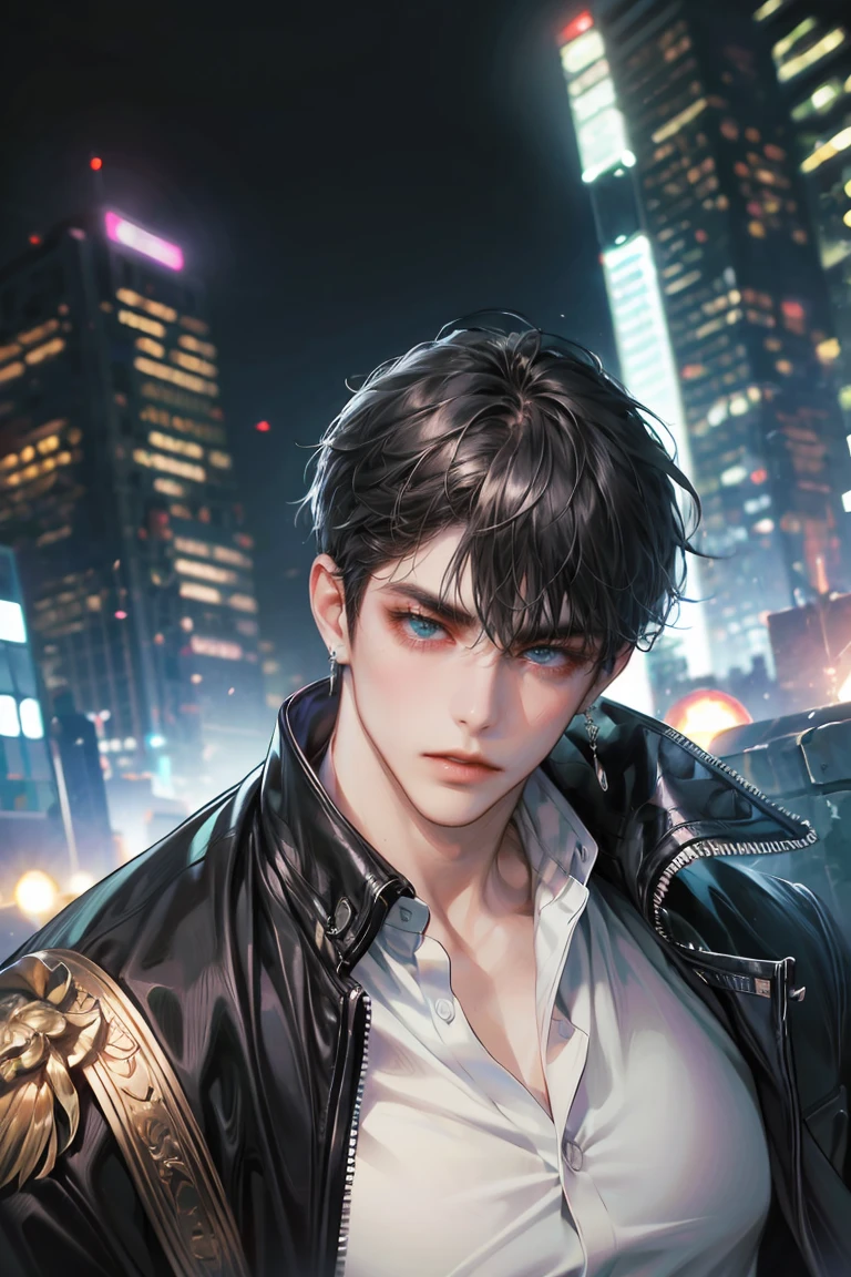 (absurdres, highres, ultra detailed, original character, HDR), 1 boy, solo, adult, handsome, ((tall muscular guy, broad shoulders)), finely detailed eyes, (black hair), hair between eyes, turquoise eyes, holographic, futuristic, casual and sexy outfit, gun holster, (body tight white shirt), ((large man breasts)), ((wearing an earring)), (portrait), dutch angle, face focused, british colonial scenery, dystopian hong kong city, skyscrapers, night time, closed mouth, looking at viewer, depth of field, bokeh, lens blur background