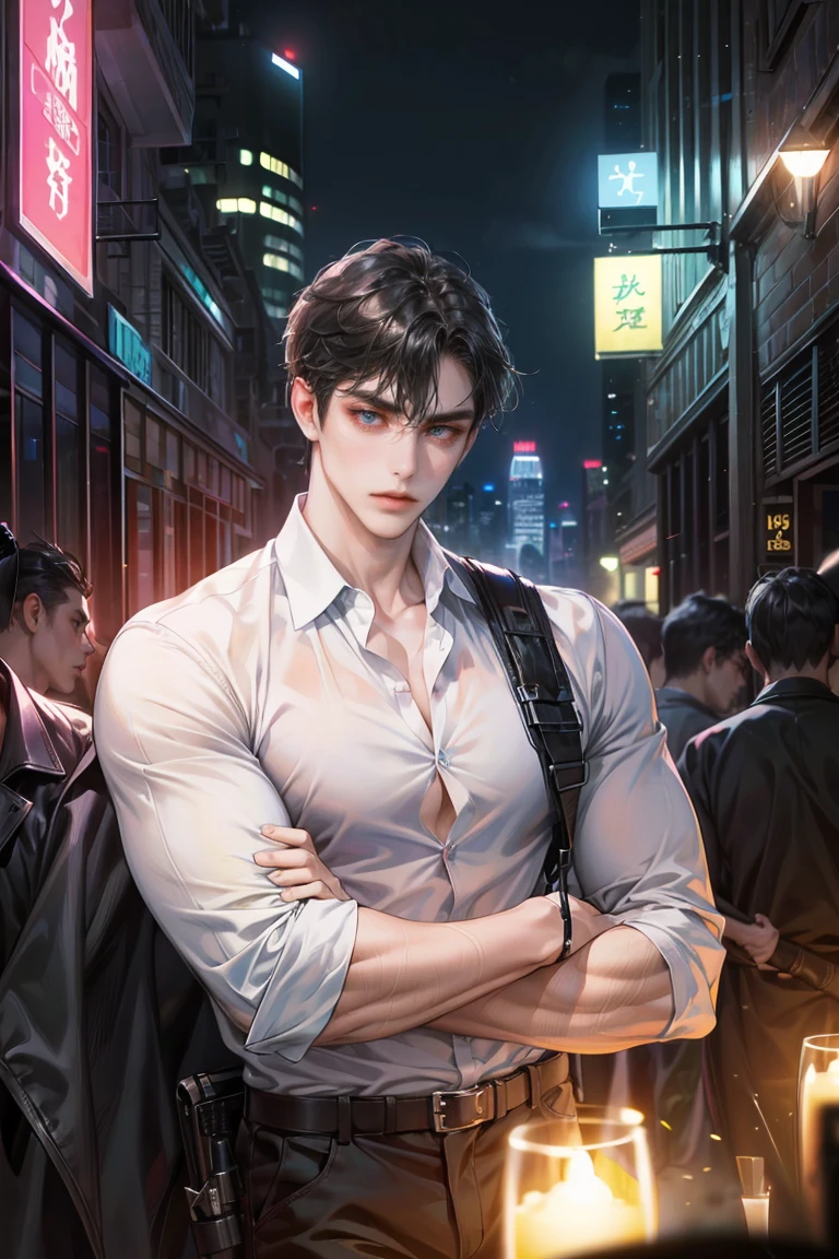(absurdres, highres, ultra detailed, original character, HDR), 1 boy, solo, adult, handsome, ((tall muscular guy, broad shoulders)), finely detailed eyes, (black hair), hair between eyes, turquoise eyes, holographic, futuristic, casual and sexy outfit, gun holster, (body tight white shirt), ((large man breasts)), ((wearing an earring)), (portrait), dutch angle, face focused, british colonial scenery, dystopian hong kong city, skyscrapers, night time, closed mouth, looking at viewer, depth of field, bokeh, lens blur background