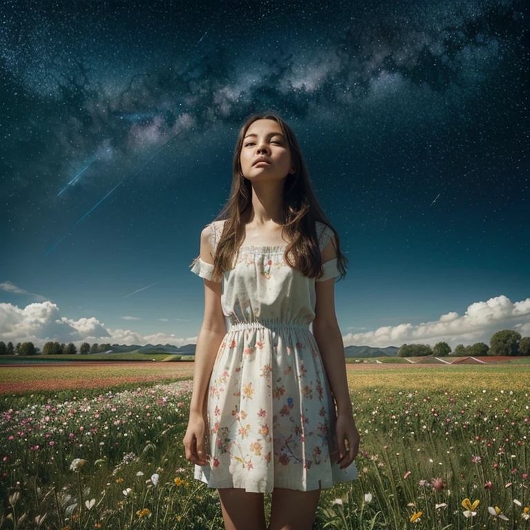 There is a girl standing in a flower field looking up at the sky, a girl standing in a flower field, a girl walking in a flower field, lost in a dreamy wonderland, standing in a flower field, fantastic digital painting, the sky gradually clears, the starry sky gradually recedes  