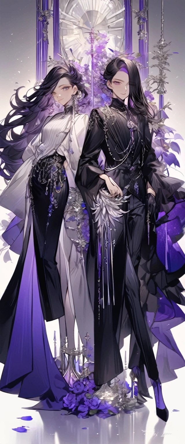 Feminine boy, soft womanish facial features, smile, squinted siren dark blue eyes without glare, silver and dark purple long loose hair with straight bang, fantasy black clothes with blue and purple elements, long black gloves, model, gorgeous, elegant, lots of silver jewelry, flowers in his hair, skinny body, hourglass figure, light lipstick, pants