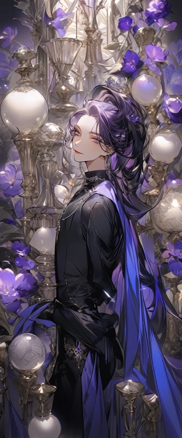 Feminine boy, soft womanish facial features, smile, squinted siren dark blue eyes without glare, silver and dark purple long loose hair with straight bang, fantasy black clothes with blue and purple elements, long black gloves, model, gorgeous, elegant, lots of silver jewelry, flowers in his hair, skinny body, hourglass figure, light lipstick, pants