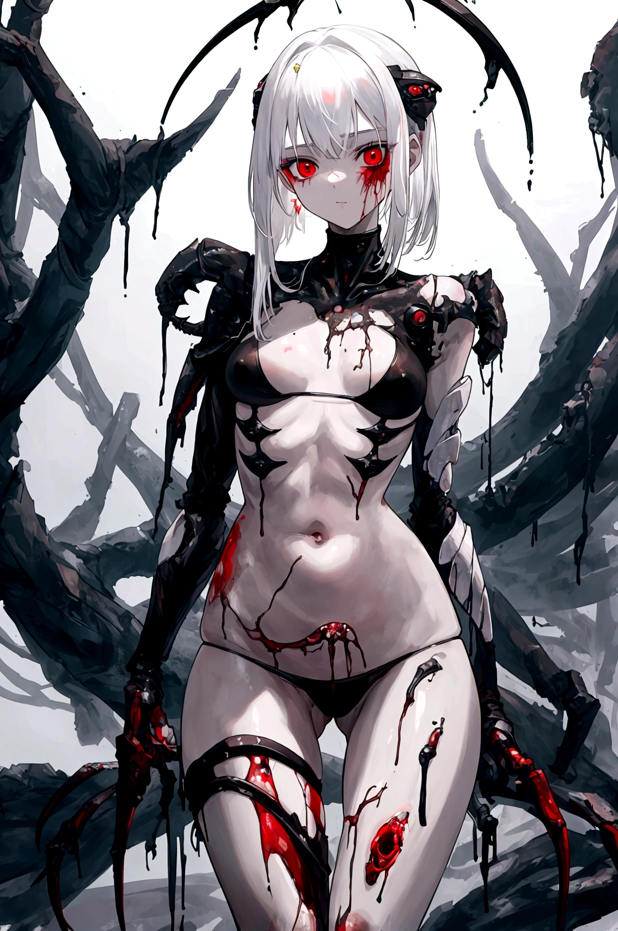 ((Best masterpiece, Perfect quality, Ultra detailed)), A skinny girl, With small bust, With white hair, Is parasitic, Wearing black bikinis, Injured body, Bloody wounds, Mutated limbs, Parasites, Grotesque, Full body