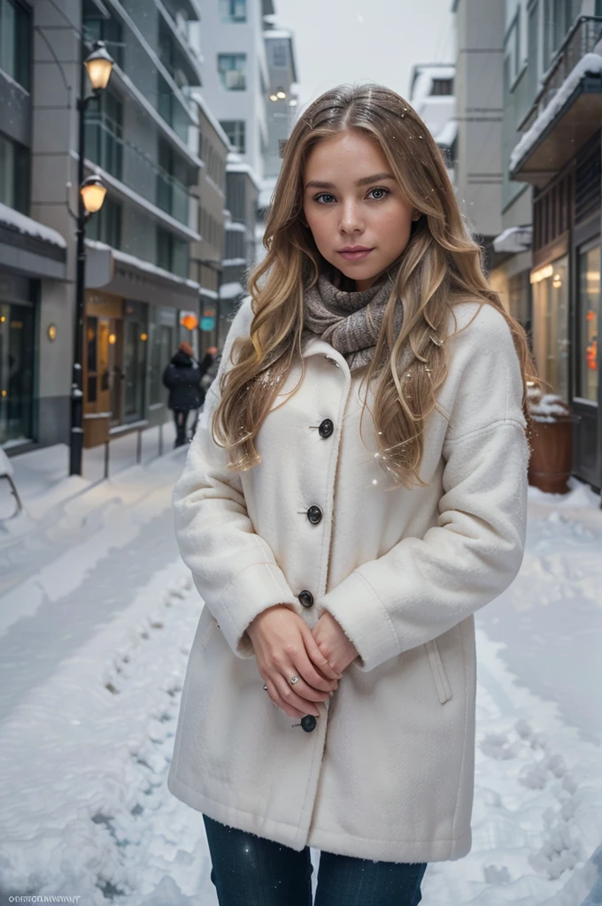 professional portrait photograph of a gorgeous Norwegian girl in winter clothing with long wavy blonde hair, sultry flirty look, gorgeous symmetrical face, cute natural makeup, wearing elegant warm winter fashion clothing, ((standing outside in snowy city street)), stunning modern urban environment, ultra realistic, concept art, elegant, highly detailed, intricate, sharp focus, depth of field, f/1. 8, 85mm, medium shot, mid shot, (((professionally color graded))), bright soft diffused light, (volumetric fog), trending on instagram, hdr 4k, 8k