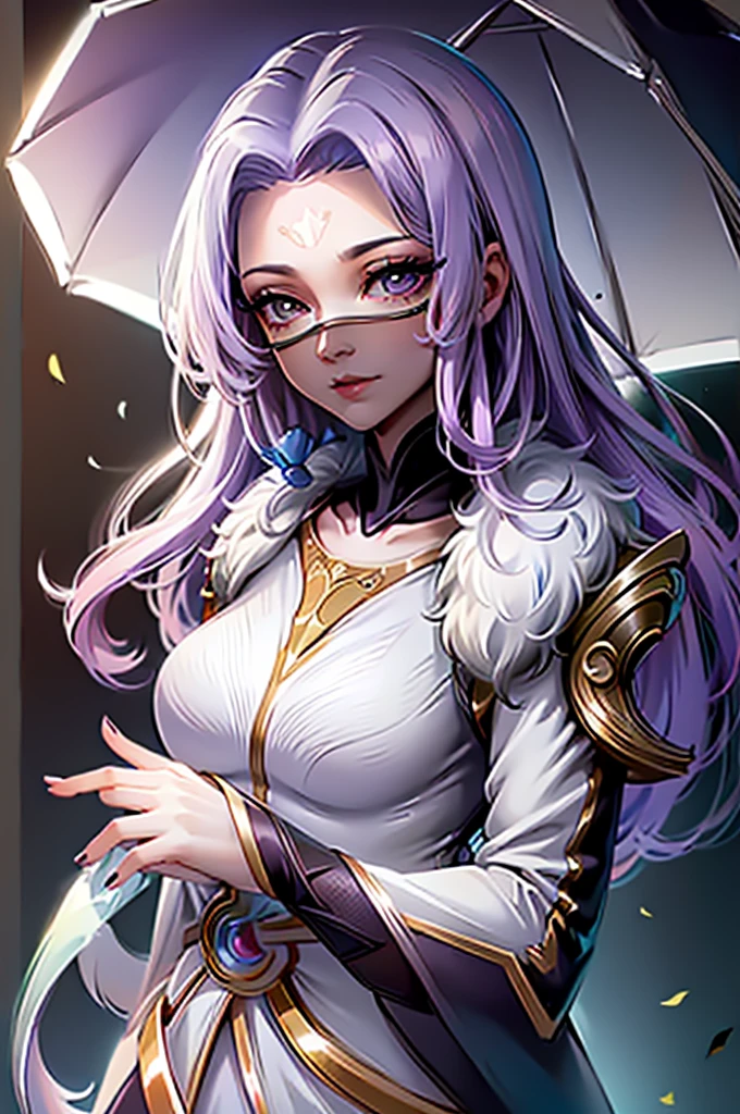 1girl,(masterpiece:1.4, best quality),medium breasts,(intricate details),unity 8k wallpaper,ultra detailed,(pastel colors:1.3),beautiful and aesthetic,detailed,solo, purple hair, luo_yi_ml, mouth veil, big breasts, 