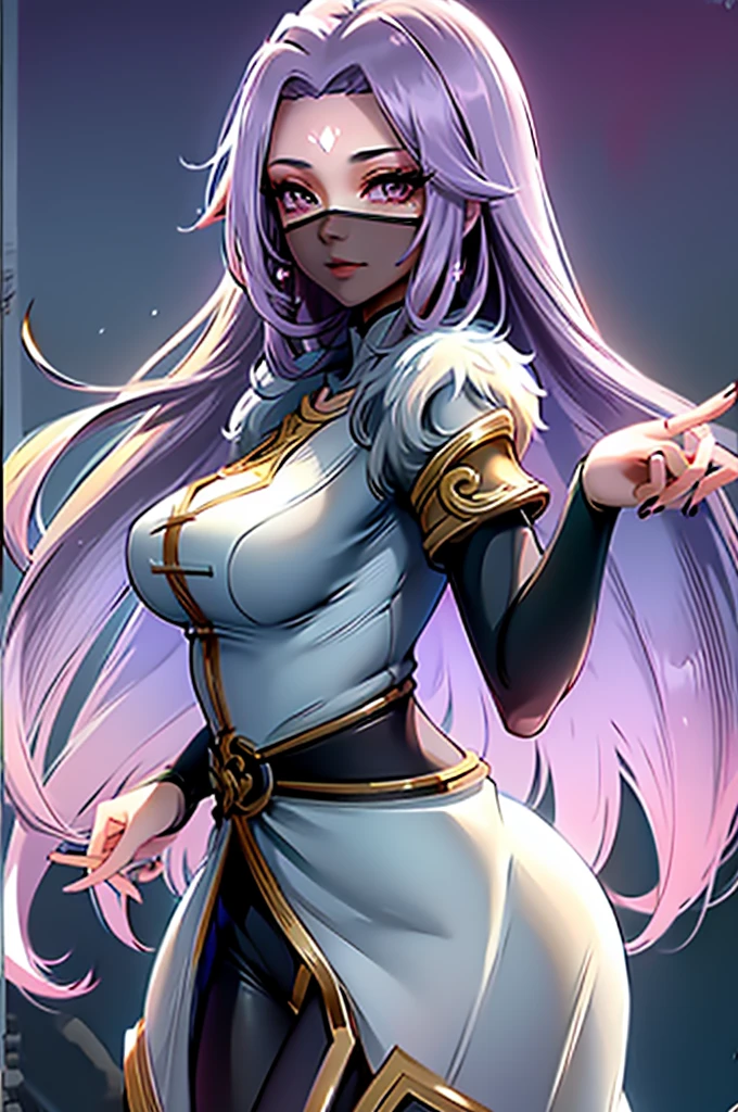 1girl,(masterpiece:1.4, best quality),medium breasts,(intricate details),unity 8k wallpaper,ultra detailed,(pastel colors:1.3),beautiful and aesthetic,detailed,solo, purple hair, luo_yi_ml, mouth veil, big breasts, 