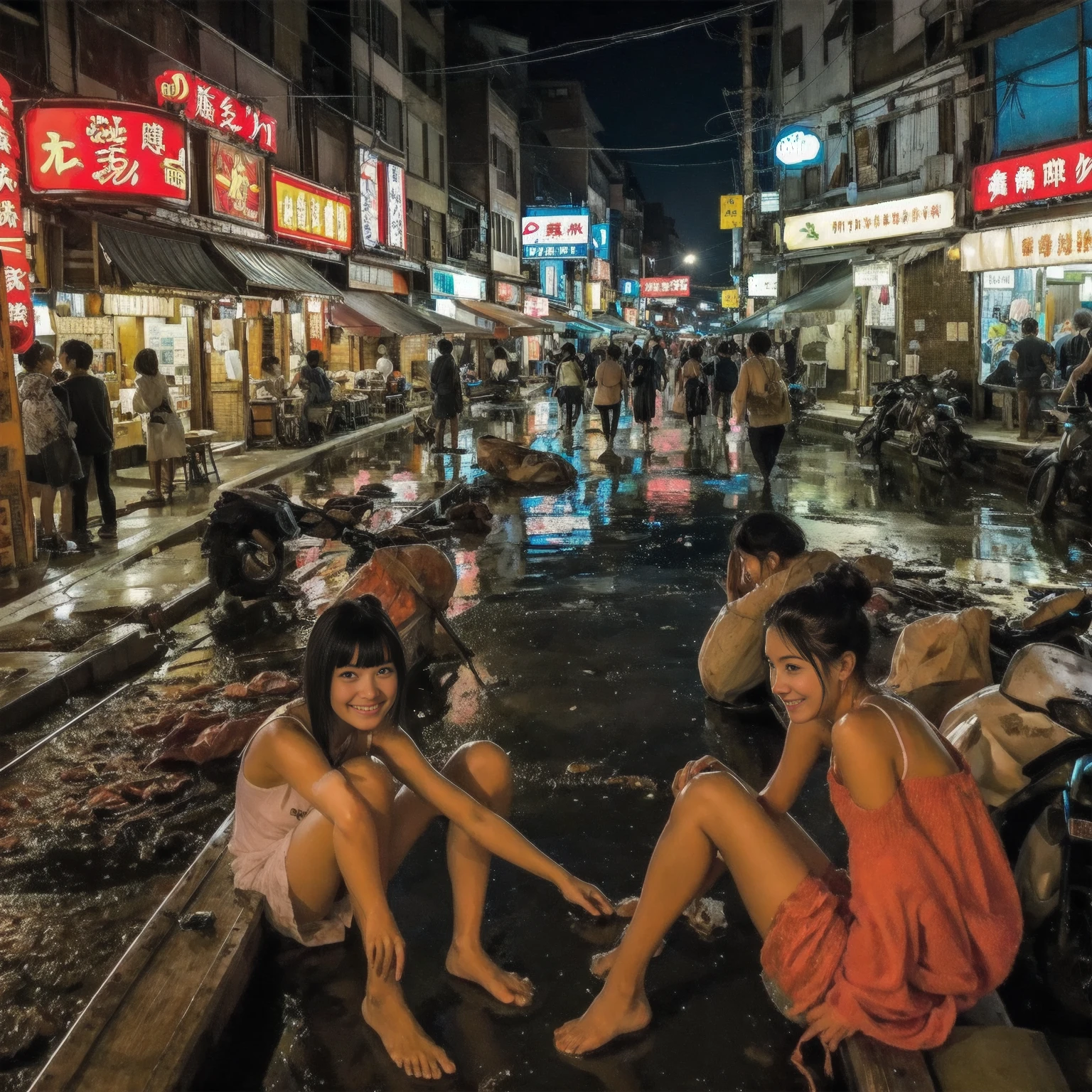(masterpiece:1.2、Highest quality)、Hot Spring Town、Places to visit in Japan、Night view of tourist spot、Unsanitary and despicable environment、Shady Red Light District、Summer clothes、Summer festival、Tavern on the street、(Detailed and cute face:1.3)、(3More than 100 cute girls)、Rusted metal、Dirty walls、sewage、Full of garbage、((Eat well))、perfect anatomy、smile