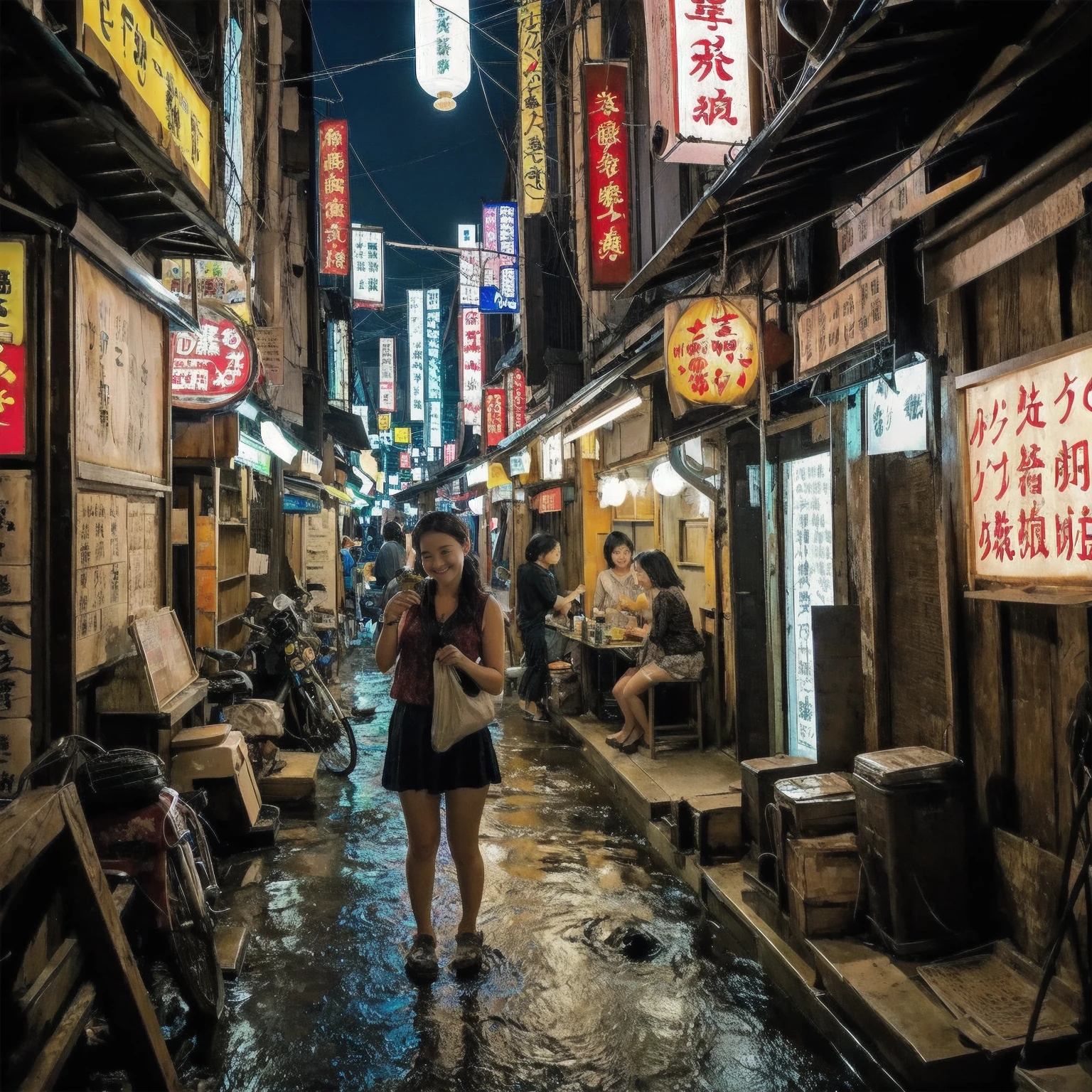 (masterpiece:1.2、Highest quality)、Hot Spring Town、Places to visit in Japan、Night view of tourist spot、Unsanitary and despicable environment、Shady Red Light District、Summer clothes、Summer festival、Tavern on the street、(Detailed and cute face:1.3)、(3More than 100 cute girls)、Rusted metal、Dirty walls、sewage、Full of garbage、((Eat well))、perfect anatomy、smile