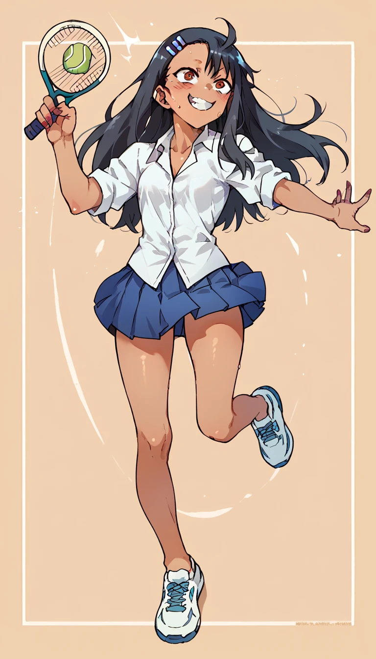 Hayase Nagatoro, White button down shirt, blue pleated skirt, white tennis shoes