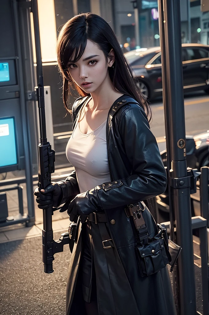 A beautiful woman in cyberpunk magical fantasy world, holding a magical rifle, wearing practical combat outfit, military uniform-like clothing, engaging in combat action, cool beauty