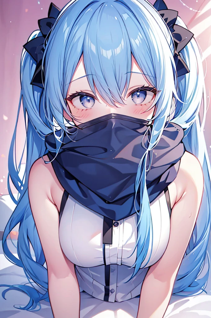 upper body, 1girl, wallpaper, light particles, bed, background, look at viewer, light blue hair, long hair, twintails, white eyes, fellatio_under_mask, blush