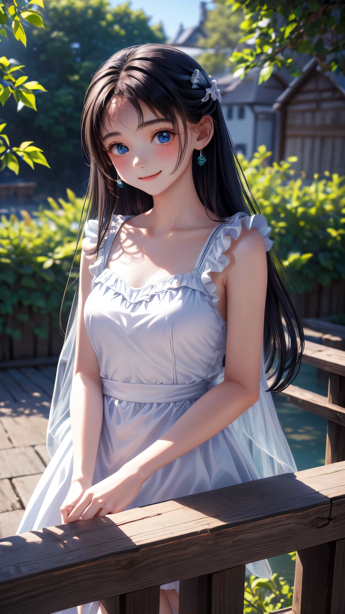 ((masterpiece)), ((highest quality、Ultra high definition)), (Very detailed),8K、Photo quality、((Amazingly cute girl)),(((14-year-old girl))), Two people, , (Beautiful emerald blue eyes), ((smile)),In the open-air bath overlooking the sea, Beautifully arranged black hair in twin tails、whole body、Cute lolita maid style swimsuit))、Professional Lighting、(White lace knee-highore detailed and beautiful)、(More details and cutenesore realistic)、(((Just wear light clothing)))、プールではしゃぐ、