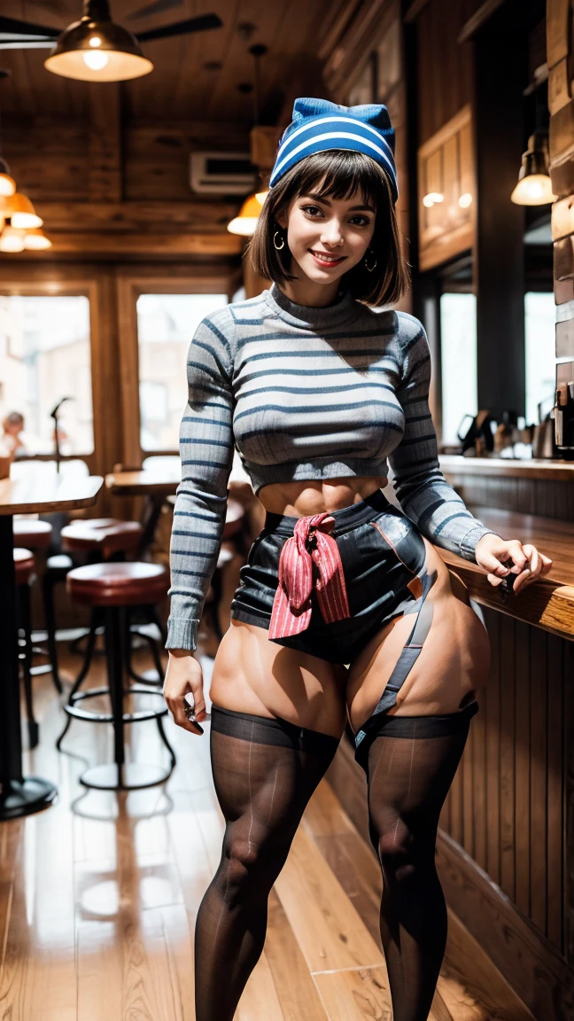 (Muscular:2.4), (thick thighs:2.4),
french female, (jet black hair:1.8), straight hair, (pale skin, blunt bangs:1.5), (big smile:1.7), (short hair:1.2),
(eyeshadow, lipstick, red lips, hoop earrings:1.2)
(hard nipples:1.2),
(neck bandana:1.5), (frenchgirlstyle, blue striped pullover:1.6), (horizontal stripes:1.8), (skirt slit:1.8), (pantyhose:1.6), (stiletto heels:1.7), boob window,
looking at viewer, (three quarter view:1.4), from above, (full body view),
(at a bar), rim lighting, detailed skin, detailed eyes, two tone lighting, bokeh
