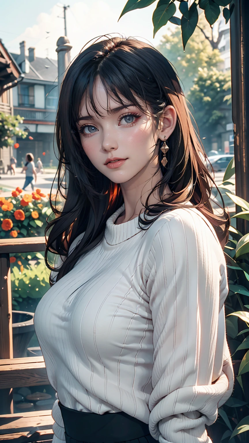 Katy Perry in a sweater, Portraiture, Beautiful Face, Cute eyes, outside, Portraiture, garden, wood, teeth, Open your eyes, Award-winning photo, Highest quality, Upper Body, Jennifer Connelly, Nikon d850 film stock photos 4 kodak 400 camera f1.6 Lenses、Rich colors、Ultra-realistic and realistic texture、Natural lighting、Cinestill 800 trending on artstation, (100mm lens)