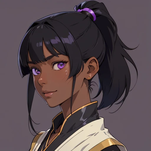 ((hime cut)),(masterpiece), (best quality),(portrait),(bust up),1girl,solo,(sharp focus),(dark skin),black hair,(short pony tail),shilver clothes,purple eyes,(ancient girl:1), ancient luxurious long clothes,old school fantasy art,((simple background)),super shiny face,Ultra Glossy skin, light smile,bangs
