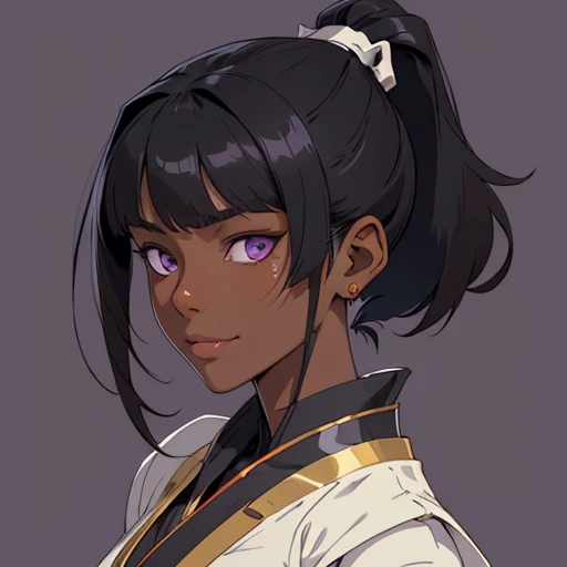 ((hime cut)),(masterpiece), (best quality),(portrait),(bust up),1girl,solo,(sharp focus),(dark skin),black hair,(short pony tail),shilver clothes,purple eyes,(ancient girl:1), ancient luxurious long clothes,old school fantasy art,((simple background)),super shiny face,Ultra Glossy skin, light smile,bangs