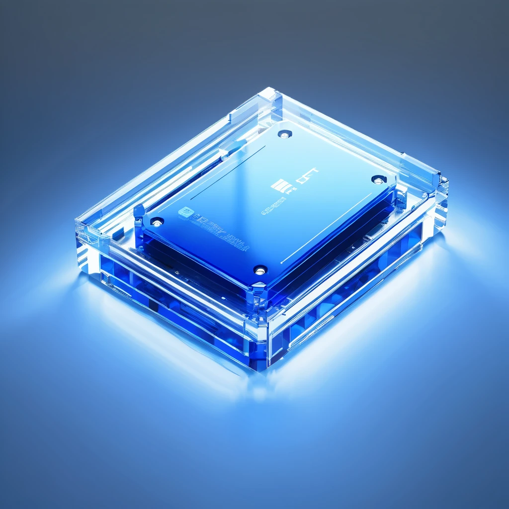 ((best quality, masterpiece)), data processing, Octane Rendering, C4D, icon, Isometric, (harddisk:1.2),Transparent glass texture, blue, Frosted glass, Transparent sense of technology, studio_Light, Fine details, Stunning details, flowing blue Light, (White background:1.2), Simple background,High contrast ,White background,Weapons are white