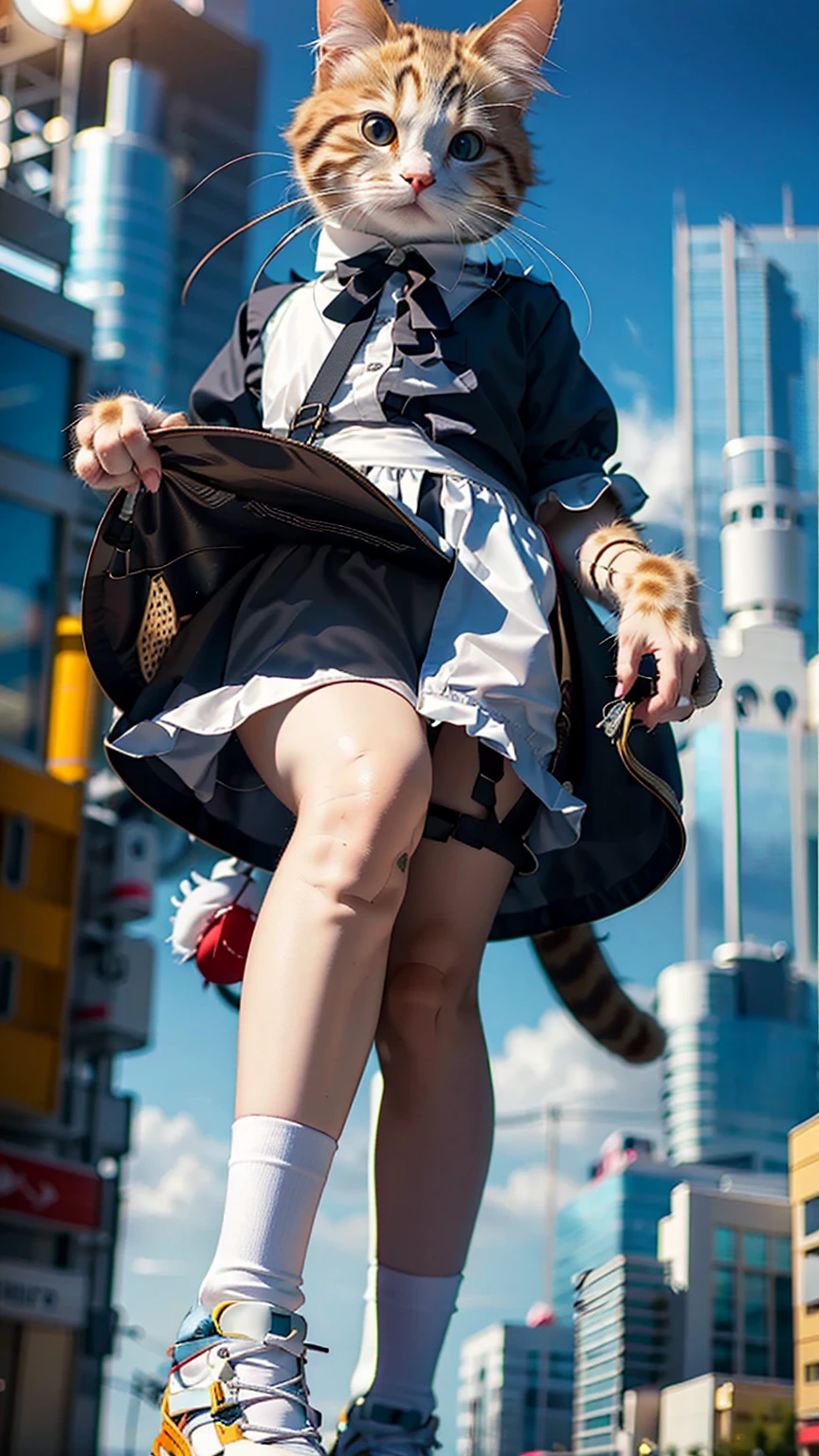 (Highest quality, masterpiece:1.2), pressure, 1 Woman Taller than a Skyscraper, Cat in the face, Super giant, 5000 ft tall giantess, Make the city smaller, Depth of written boundary, High resolution, 超High resolution, 8K, Very detailed, Realistic, Sun light, Maid clothes, Ribbon and mini skirt, knees, photograph, She looks up at the camera, 彼女の上空側から撮影された航空photograph