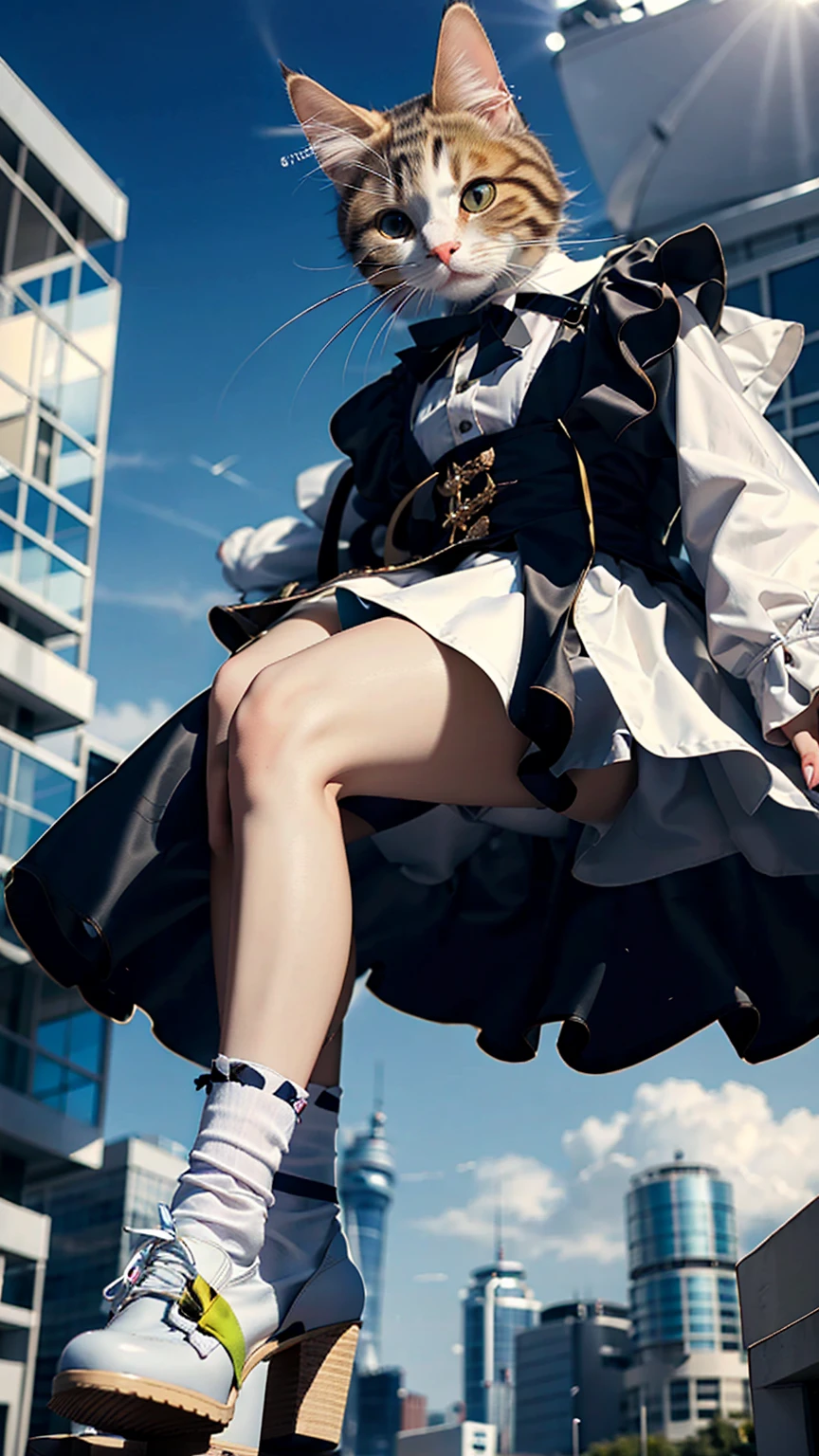 (Highest quality, masterpiece:1.2), pressure, 1 Woman Taller than a Skyscraper, Cat in the face, Super giant, 5000 ft tall giantess, Make the city smaller, Depth of written boundary, High resolution, 超High resolution, 8K, Very detailed, Realistic, Sun light, Maid clothes, Ribbon and mini skirt, knees, photograph, She looks up at the camera, 彼女の上空側から撮影された航空photograph