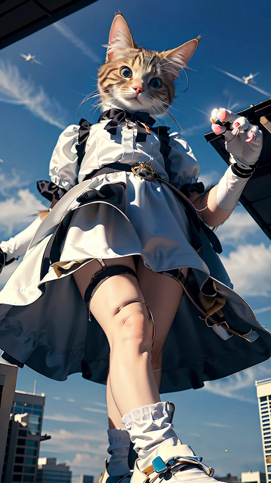 (Highest quality, masterpiece:1.2), pressure,  1 Woman Taller than a Skyscraper, Cat in the face, Super giant, 5000 ft tall giantess, Make the city smaller, Depth of written boundary, High resolution, 超High resolution, 8K, Very detailed, Realistic, Sun light, Maid clothes, Ribbon and mini skirt, knees,  photograph, She looks up at the camera, 彼女の上空側から撮影された航空photograph