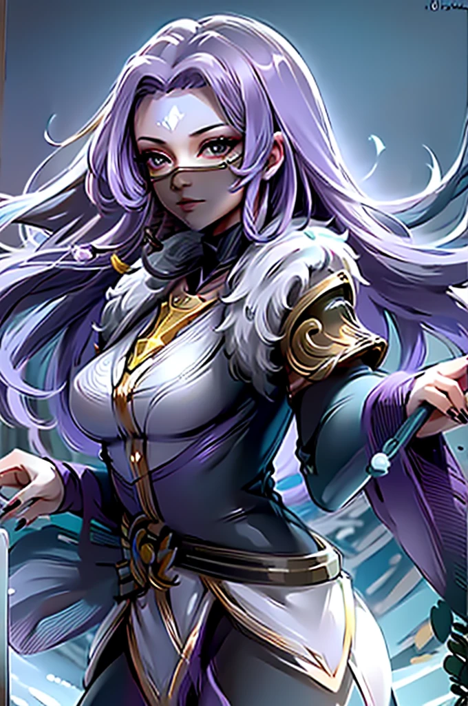 1girl,(masterpiece:1.4, best quality),medium breasts,(intricate details),unity 8k wallpaper,ultra detailed,(pastel colors:1.3),beautiful and aesthetic,detailed,solo, purple hair, luo_yi_ml, mouth veil, big breasts, 