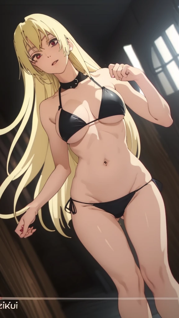 YukiTsukumo, blonde, long hair, female focus, solo, blonde hair, red eyes, Yuki_Tsukumo, YukiTsukumo, YukiTsukumo, 1girl, solo, long hair, red eyes, blonde hair, 👙 like anime full body meaty legs just black bikini big full body show leg fingers
