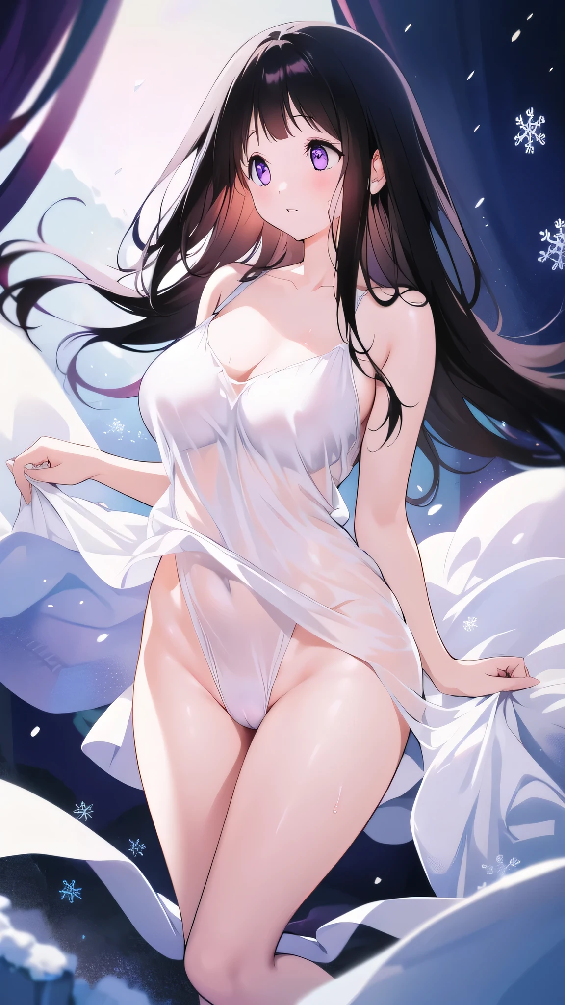 Chitanda,There is only one beautiful girl,Purple Eyes, Black Hair, Natural straight hair, Straight bangs,Extremely refined,open your lips,Face is so red,Very white skin,Skin as delicate as porcelain,Glowing skin,big eyes,Flowing long hair,beautiful girl, Like a dream,Slim,Slim waist,soft, (sensuous), (Kawaii), Dream quality,Sweaty and sweaty,Wet skin,Side breasts,snowflake,Playing in the snow on the snow mountain,White transparent dress,Profile,(Completely naked),Gluteal groove,The outline of the breasts is visible through clothing,Completely naked back,nacked hip,very close,Deep V neckline,Loose neckline,Beautiful big breasts,No pants,nopan,no pants,Bare shoulders,There are no shoulder straps,Exposed collarbone,Delicate clavicle,Delicate hands and feet,Bare neck,There are no clothes around the neck,Bare thighs,Exposed groin,Camel toe,extremely shy,Ultra-high resolution, (masterpiece:1.2, best quality), (Delicate and beautiful eyes: 1.2), (Beautiful and delicate face)
