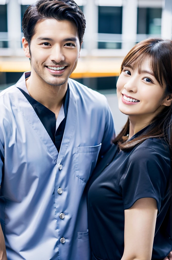 Male dentist and female dental hygienist 2people A good business partner 日本people Handsome Men and Beautiful Women Wear black scrubs Upper body close-up high resolution high resolution Highest quality smile Shooting outside