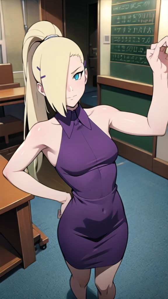 1girl, blonde hair, hair ornament, bare shoulders, closed mouth, green eyes, ponytail, hairclip, hair over one eye, BREAK BREAK indoors, classroom,school, BREAK looking at viewer, BREAK (masterpiece:1.2), best quality, high resolution, unity 8k wallpaper, (illustration:0.8), (beautiful detailed eyes:1.6), extremely detailed face, perfect lighting, extremely detailed CG, (perfect hands, perfect anatomy),city,night,wet road,starfall,reflections,skinny fit,small ass,full body,fishnet,fishnet pantyhose,cleavege,neckline,black choker, purple dress, sleeveless, gloves.
