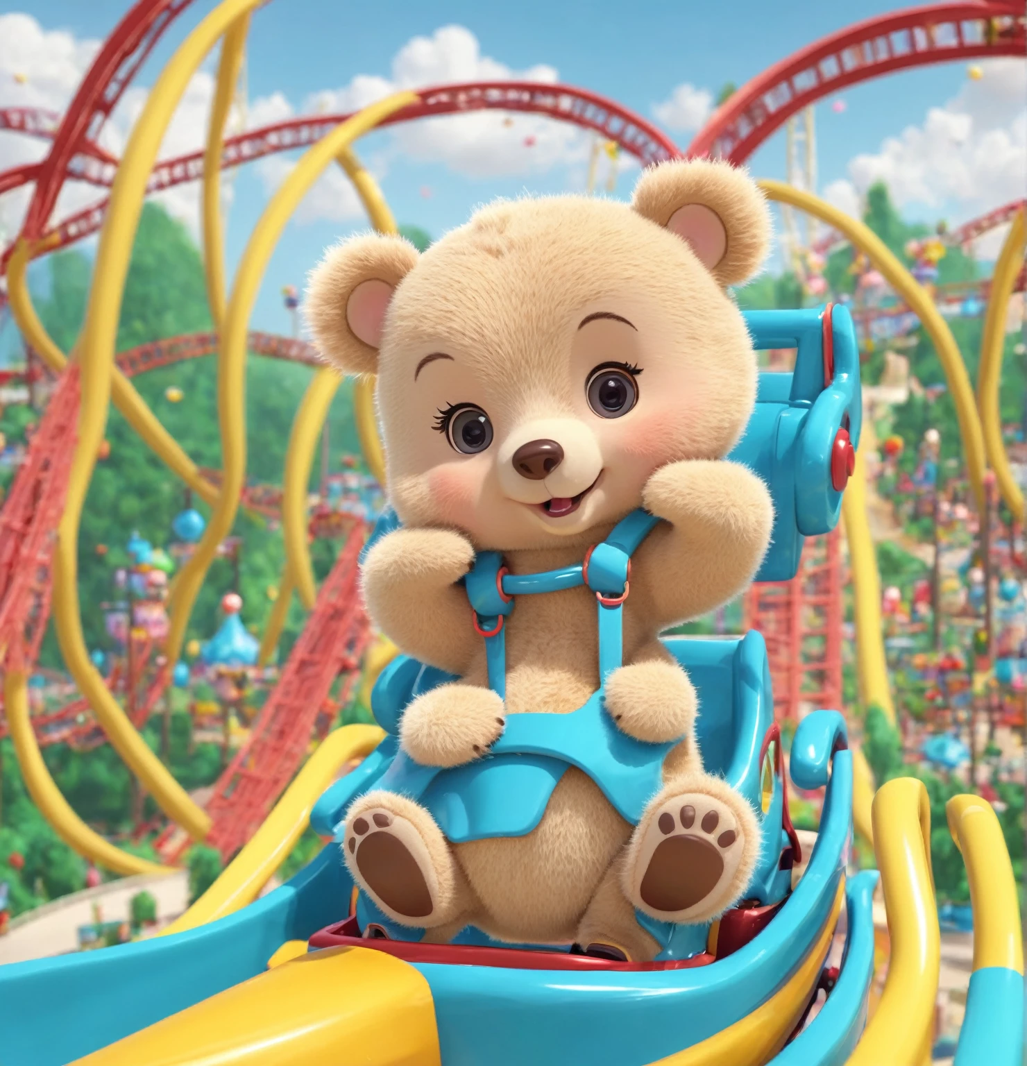 Cartoon cute little bear baby cartoon Q version 3D,Ride a roller coaster at an amusement park,Cartoon style is very cute and adorable.,Focus on roller coaster