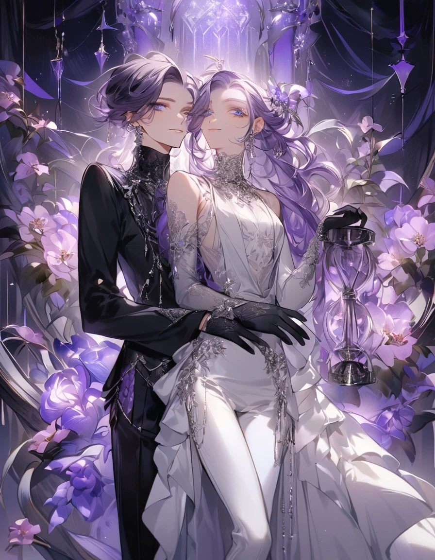 Feminine boy, soft womanish facial features, smile, squinted siren dark blue eyes without glare, silver and dark purple long loose hair with straight bang, fantasy black clothes with blue and purple elements, long black gloves, model, gorgeous, elegant, lots of silver jewelry, flowers in his hair, skinny body, hourglass figure, light lipstick, pants