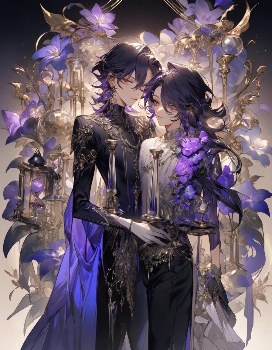 Feminine boy, soft womanish facial features, smile, squinted siren dark blue eyes without glare, silver and dark purple long loose hair with straight bang, fantasy black clothes with blue and purple elements, long black gloves, model, gorgeous, elegant, lots of silver jewelry, flowers in his hair, skinny body, hourglass figure, light lipstick, pants