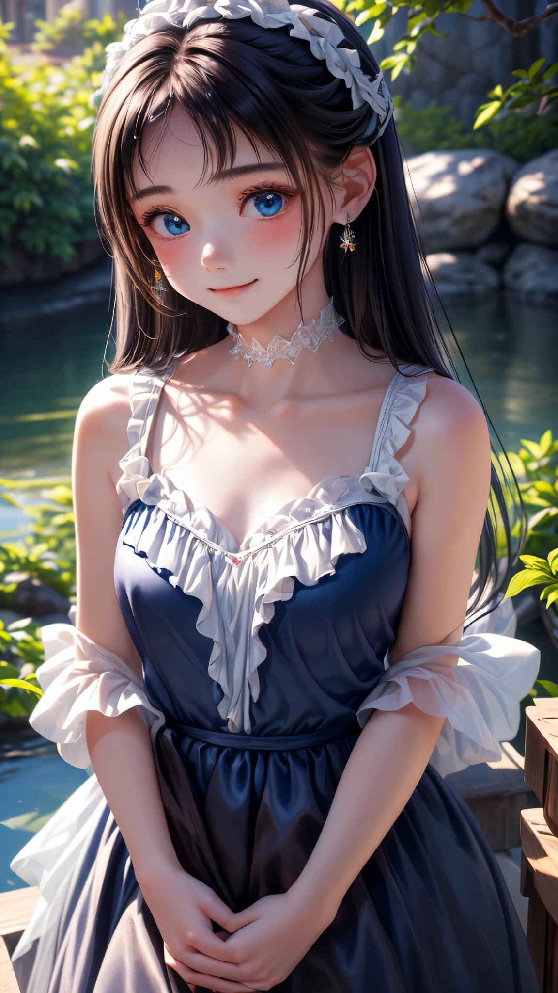 ((masterpiece)), ((highest quality、Ultra high definition)), (Very detailed),8K、Photo quality、((Amazingly cute girl)),(((14-year-old girl))), Two people, , (Beautiful emerald blue eyes), ((smile)),In the open-air bath overlooking the sea, Beautifully arranged black hair in twin tails、whole body、Cute lolita maid style swimsuit))、Professional Lighting、(White lace knee-highore detailed and beautiful)、(More details and cutenesore realistic)、(((Just wear light clothing)))、プールではしゃぐ、