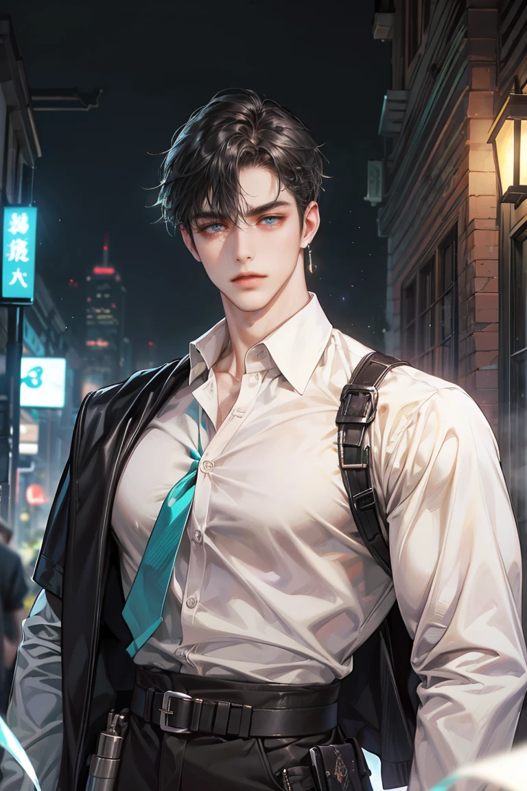(absurdres, highres, ultra detailed, original character, HDR), 1 boy, solo, adult, handsome, ((tall muscular guy, broad shoulders)), finely detailed eyes, (black medium hair), hair between eyes, turquoise eyes, holographic, futuristic, casual and sexy outfit, gun holster, (body tight white shirt), ((large man breasts)), ((wearing an earring)), (portrait), dutch angle, face focused, british colonial scenery, dystopian hong kong city, skyscrapers, closed mouth, looking at viewer, depth of field, bokeh