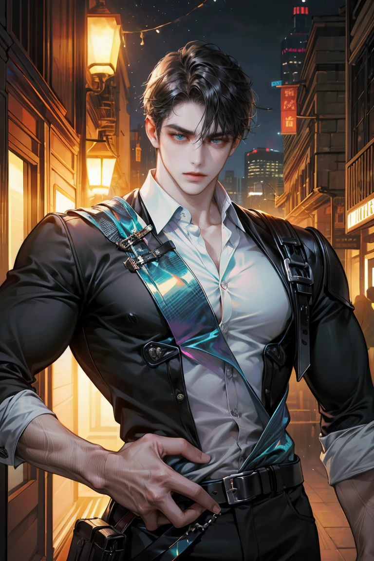 (absurdres, highres, ultra detailed, original character, HDR), 1 boy, solo, adult, handsome, ((tall muscular guy, broad shoulders)), finely detailed eyes, (black medium hair), hair between eyes, turquoise eyes, holographic, futuristic, casual and sexy outfit, gun holster, (body tight white shirt), ((large man breasts)), ((wearing an earring)), (portrait), dutch angle, face focused, british colonial scenery, dystopian hong kong city, skyscrapers, closed mouth, looking at viewer, depth of field, bokeh