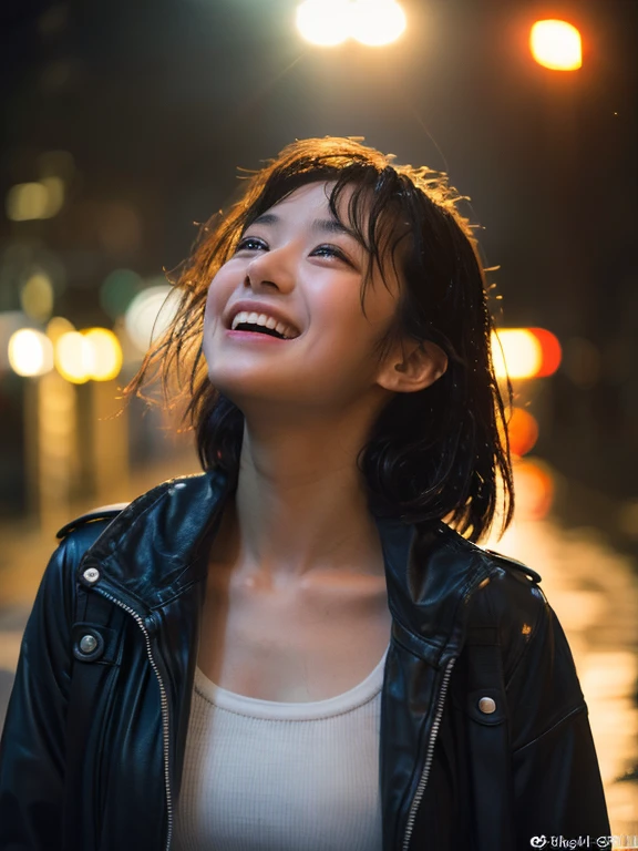 Wet roads ,drenched, Dripping, Wet Face,Wet clothes, Wet Skin, Wet Hair,A young woman with a cute face like a Japanese idol,Laugh a little,Look up at the sky,chest,((Cinema Lighting),(Natural light),(High level of artistry),(Artistic),(Indistinguishable quality from the real thing),RAW Photos,Genuine,Genuine,High resolution,RAW Photos,masterpiece, beautiful