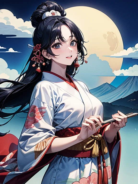 (Highest quality、masterpiece、High resolution、8K)、Vibrant colors、1 female、Black hair Japanese topknot、whole body、Bon dance、着物は和装で白地に鮮やかなflower柄模様、Official Art、The background is Ukiyo-e style、White waves,Fuji Mountain,flower,moon,cloud,