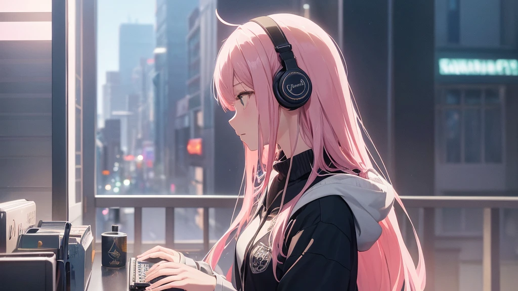 Absurd, Ultra-high resolution, (Official Art, beautifully、mysterious:1.2), Impressive eyes, light pink long hair, Larger than average bust, Correct human body composition, Girl listening to music with headphones, Looking out the window, Lo-fi Girl,  and oversized hoodie, Makoto Shinkai and Artgelm, Anime atmosphere, Lofi art style, Anime style 8k, Anime Aesthetics, Lo-fi feeling, Anime Art Wallpapers 8K, An atmosphere of praise, City girl&#39;s room, Rooms with large windows, Emotional cityscape, Bright Sky