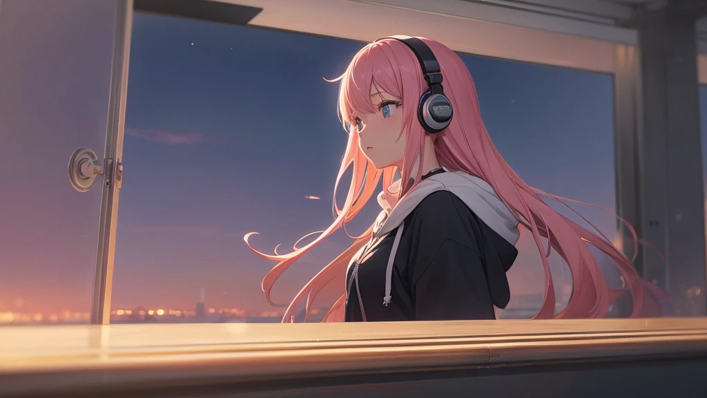 Absurd, Ultra-high resolution, (Official Art, beautifully、mysterious:1.2), Impressive eyes, light pink long hair, Larger than average bust, Correct human body composition, Girl listening to music with headphones, Looking out the window, Lo-fi Girl, and oversized hoodie, Makoto Shinkai and Artgelm, Anime atmosphere, Lofi art style, Anime style 8k, Anime Aesthetics, Lo-fi feeling, Anime Art Wallpapers 8K, An atmosphere of praise, City girl's room, Rooms with large windows, Emotional cityscape, Bright Sky